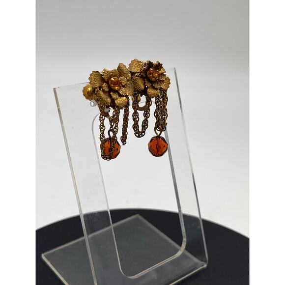 Miriam Haskell Vintage Signed Amber Crystal Floral Screw Back Chain Drop Earring - Picture 3 of 9